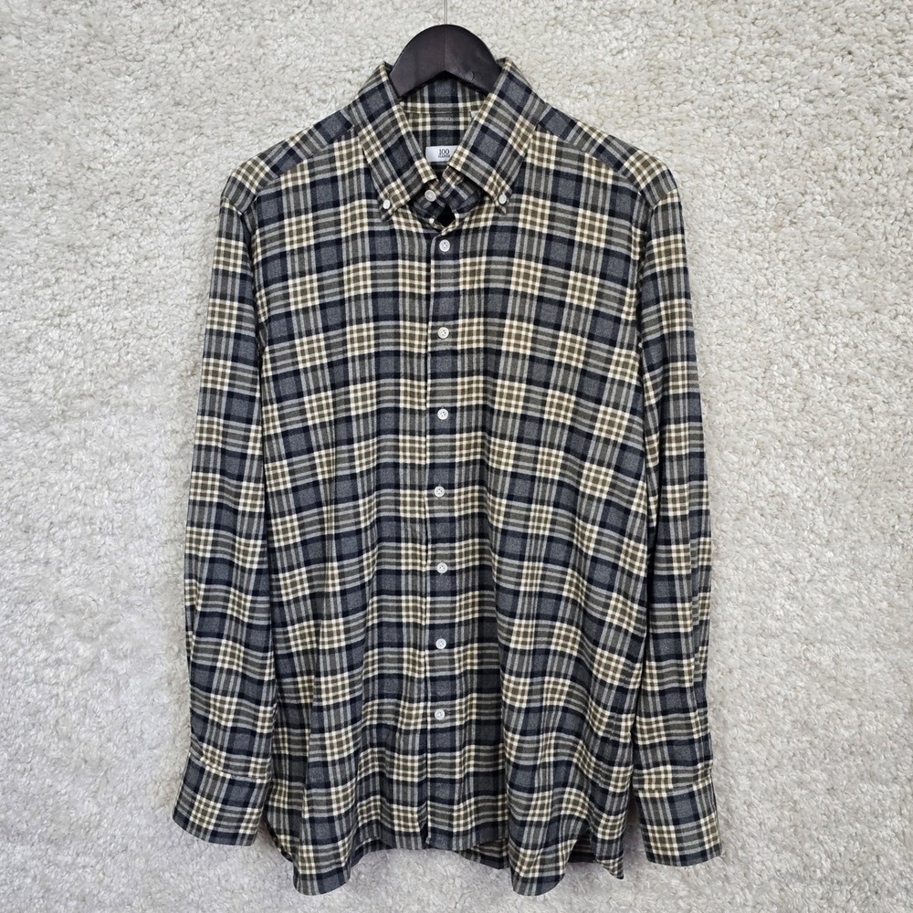100 Hands Plaid Flannel Shirt Mens Large Grey Olive Handcrafted Dark Academia